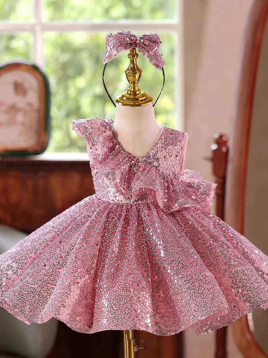 Dreamy Vow D246 Kids Pink Sparkle Flower Girls Dress Ruffle Waist Full Sequin Dress Child Pageant Gown Wedding Birthday Party