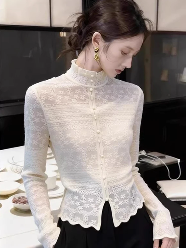 

Elegant Lace Shirt Women's Semi-High Collar Layering Base Spring Summer Fashionable Korean Style Straight Cut Long Sleeve