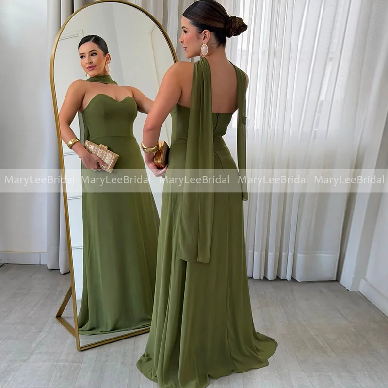 Olive Green Chiffon Bridesmaid Dresses with Scarf Sweetheart Neckline Full Length Formal Wedding Party Dress Women Customized