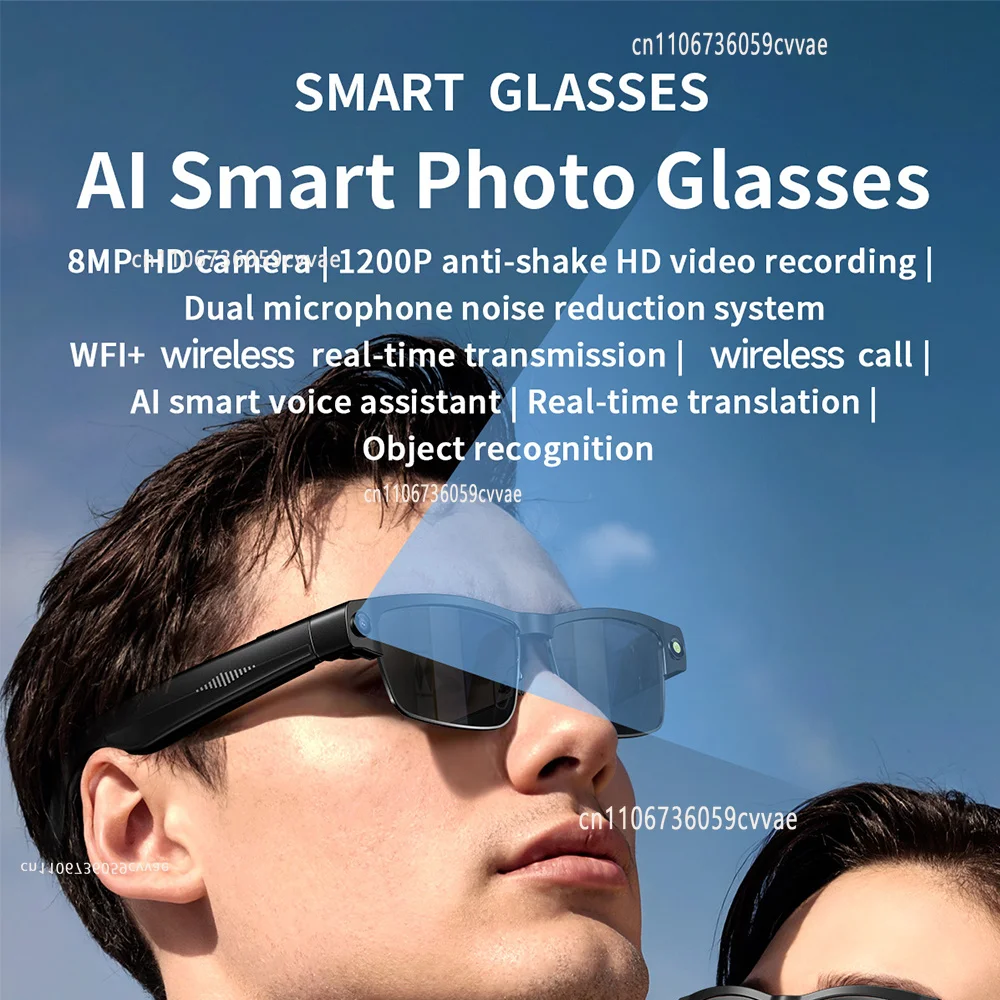 Smart AI Audio Glasses 8MP 1200P Video Recording Touch Voice Control Magnetic Charging Noise Reduction Wi-Fi Translation