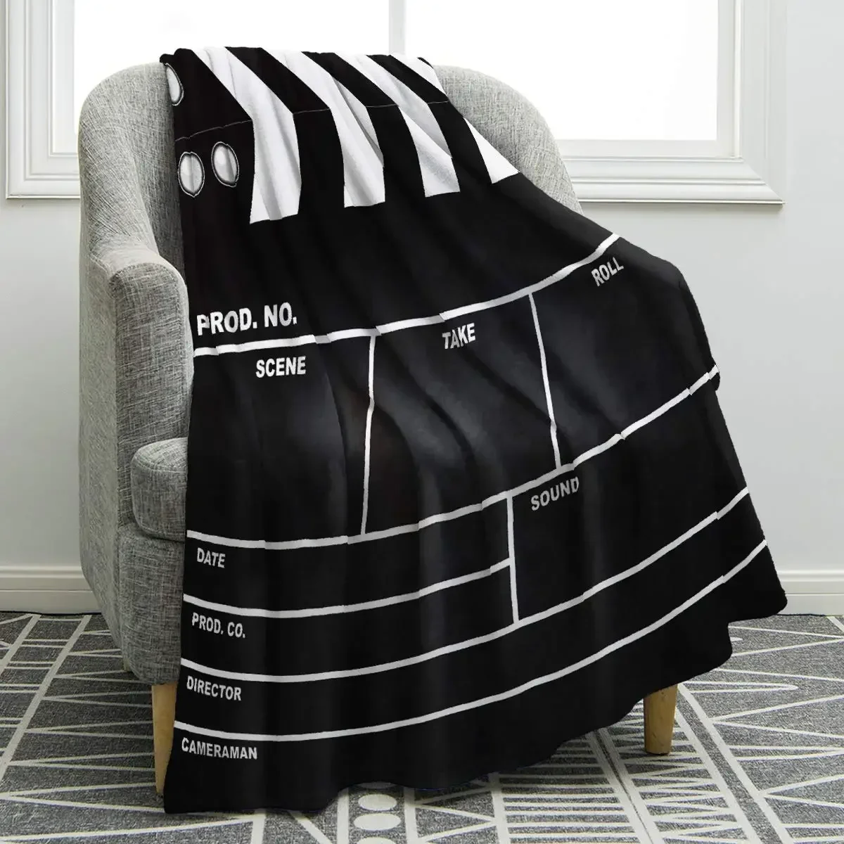 

Movie Clapboard Blanket Print Throw Blanket Warm Lightweight Durable Cozy for Movie Lover Adult Gift for Bed Sofa Custom,Black