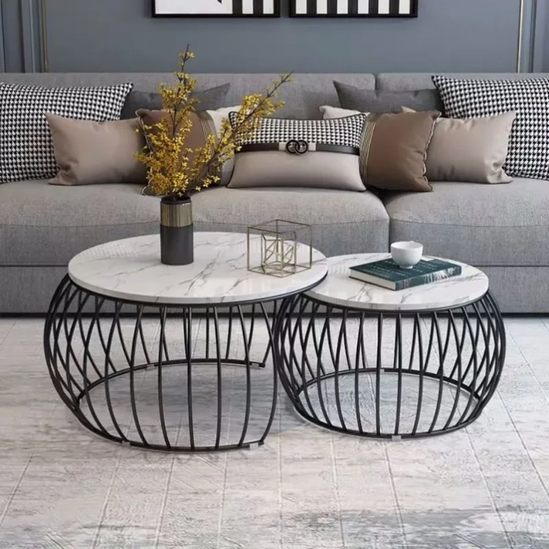 Modern Nesting Round Coffee Tables with Marble Tops and Metal Wire Frames, Glam Stacking Accent Tables for Living Room