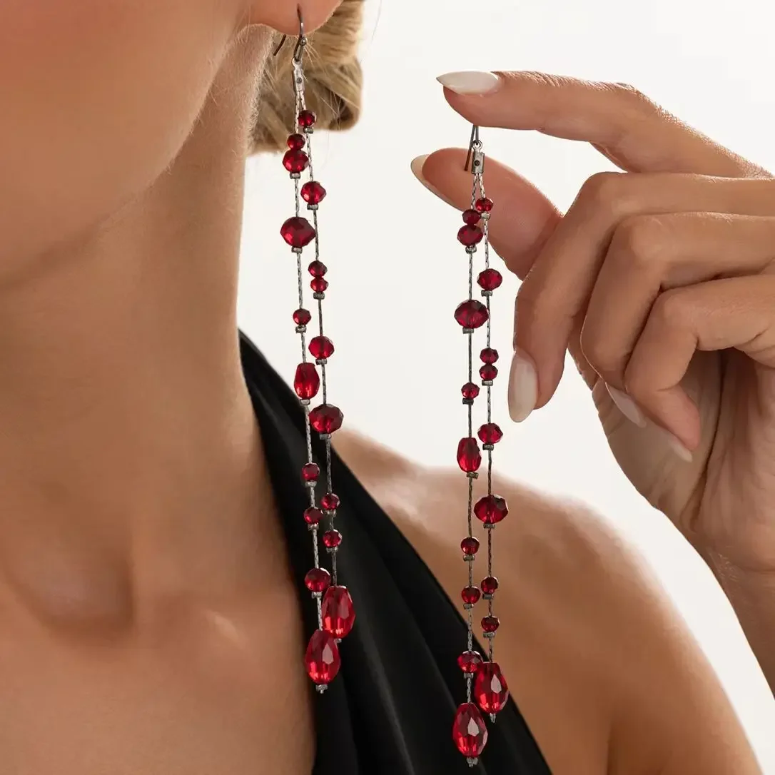 New Trendy Red Glass Crystal Pendant Earrings for Women Gothic Long Tassel Piercing Dangle Earring Halloween Jewelry Gifts