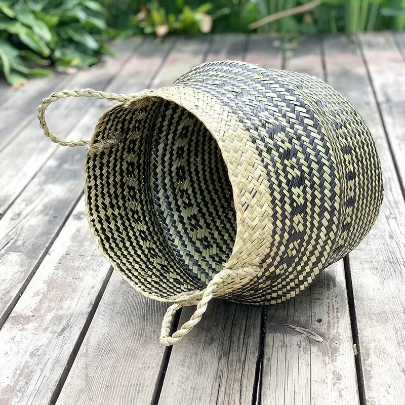 

Seagrass Basket Foldable Wicker Basket Flower Pot Plant Holder Handwoven Handle Indoor Outdoor Home Decor Wholesale Bohemian