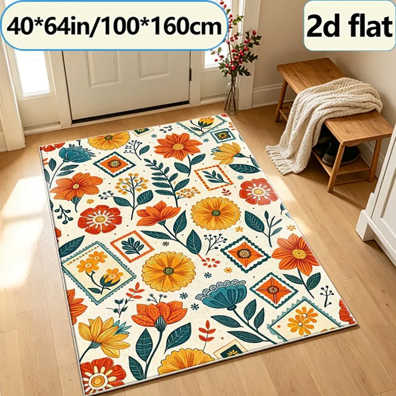 Vintage Floral Pattern Carpet, Bohemian Style Plant Pattern Carpet, Suitable for Living Room, Bedroom, and Home Floor Decoration