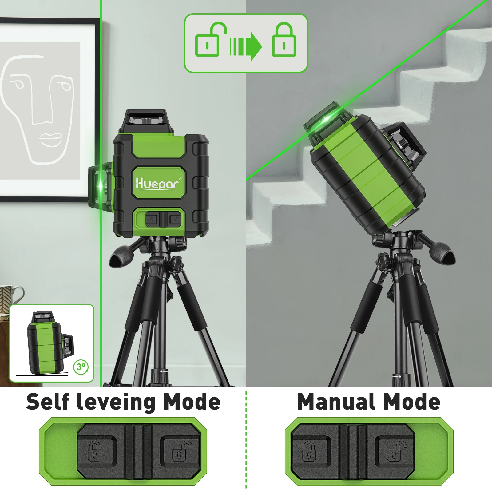 Imagem -02 - Huepar-nível Auto-nivelador Green Beam Laser 12 Linhas Linha Cruzada Ferramentas de Nível Modo Pulso Carry Case Rígido 3x360 °