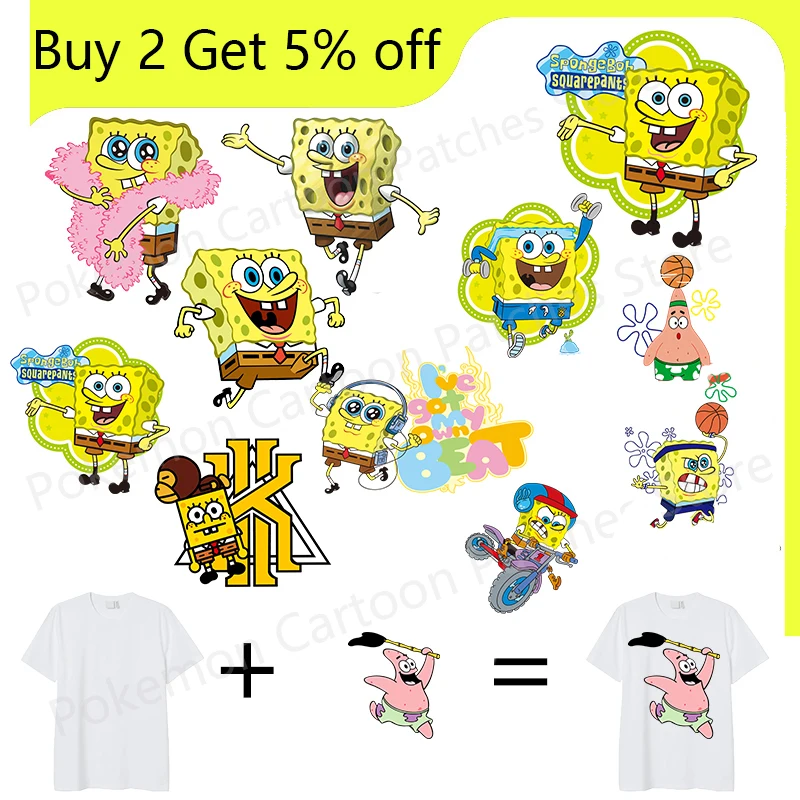 Аниме нашивки Губка Боб для детской одежды DIY Футболка аксессуар Аппликация теплопередача Винил Милая нашивка термальная наклейка подарок