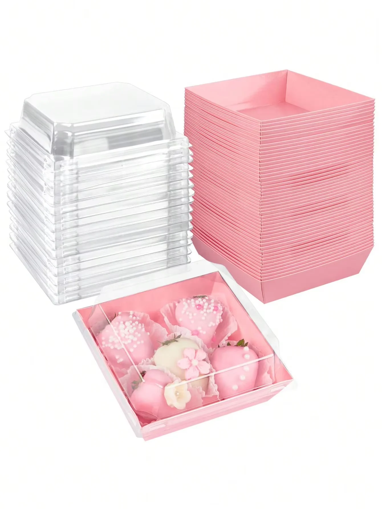 20 dessert boxes with transparent lids, cooked food boxes, oil resistant kraft paper, white and pink kraft paper baking box