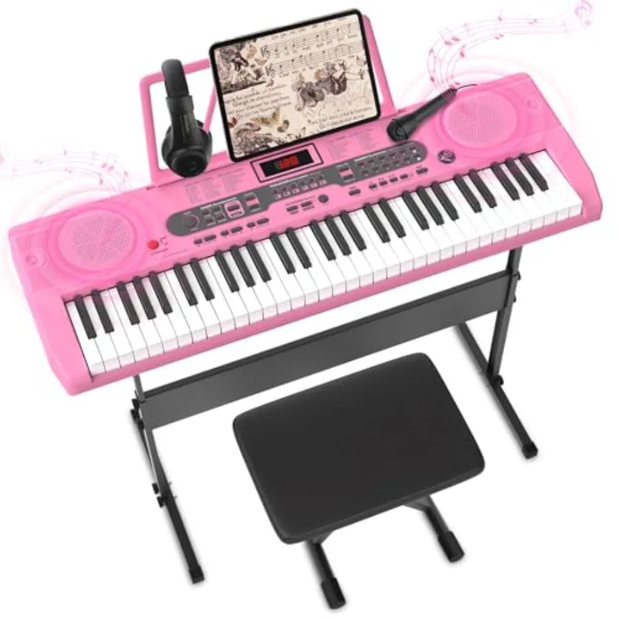 

Beginner's 61-key electric piano keyboard with metal stand and black finish, featuring 200 tones, teaching mode, LED screen, mi