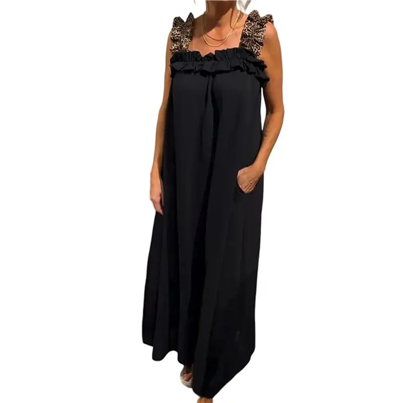 

CYL-Womens Vacation Casual Spliced Strap Leopard Print Pocket Dress Elegant Beach Summer Dress Black M