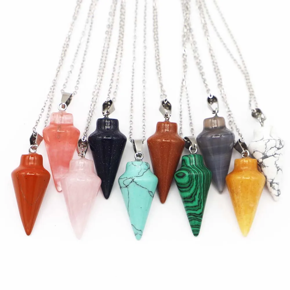 

Natural Stone Multicolor Tapered Cone Pendant Stainless Steel Chain Necklace Healing Minerals Charm DIY Jewelry Accessories 8Pcs