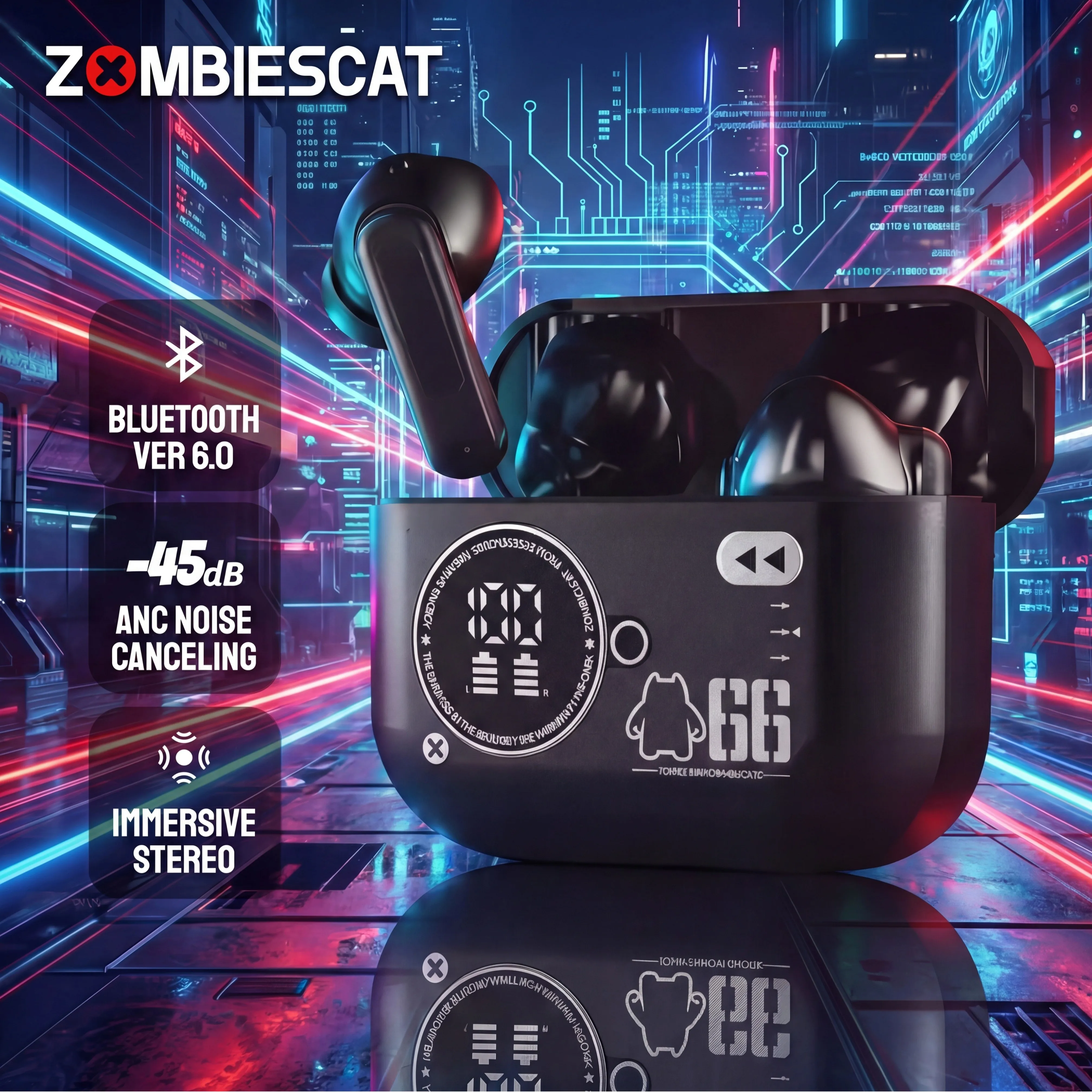 ZOMBIESCAT B20 Alloy ANC Earbuds Bluetooth 6.0 Noise Reduction Wireless Headphones LED Display Deep Bass Low Latency Gaming