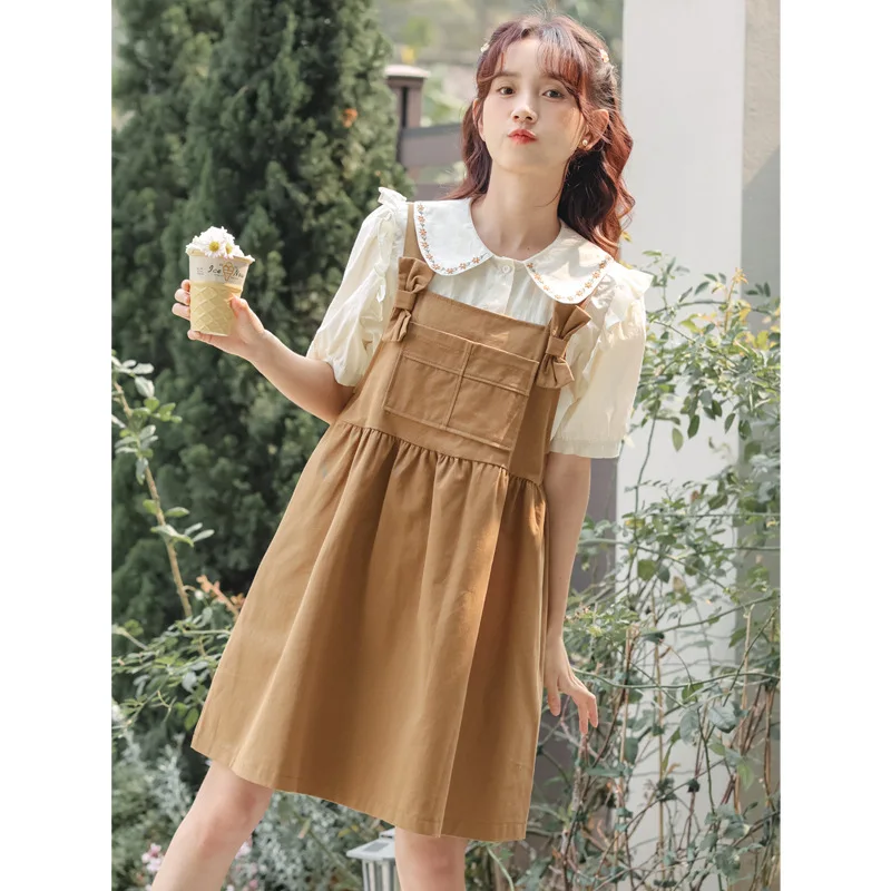 

2024 Summer New Women Jumpsuits Dress Sweet Japanese Bow Back Strap Dress Retro Kawaii Girls Loose Casual Romper Playsuits Dress