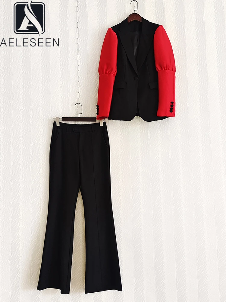 AELESEEN Designer Mode Frauen Anzug Herbst Rot Hülse Schwarz Kontrast Farbe Blazer + Hosen Elegante Büro Damen 2 Stück Set