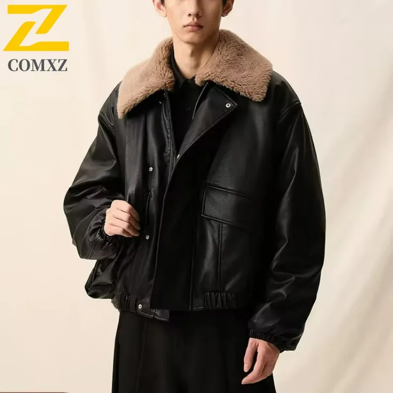 

COMXZ Мужская уличная кожаная куртка, утолщенная ветрозащитная мотоциклетная куртка для верховой езды, повседневная стильная удобная осенняя одежда на молнии