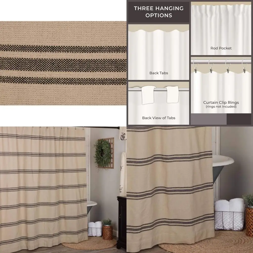 

Farmhouse Style Grain Sack Stripe Shower Curtain, 72 x 72, Beige and Black Bathroom Decor