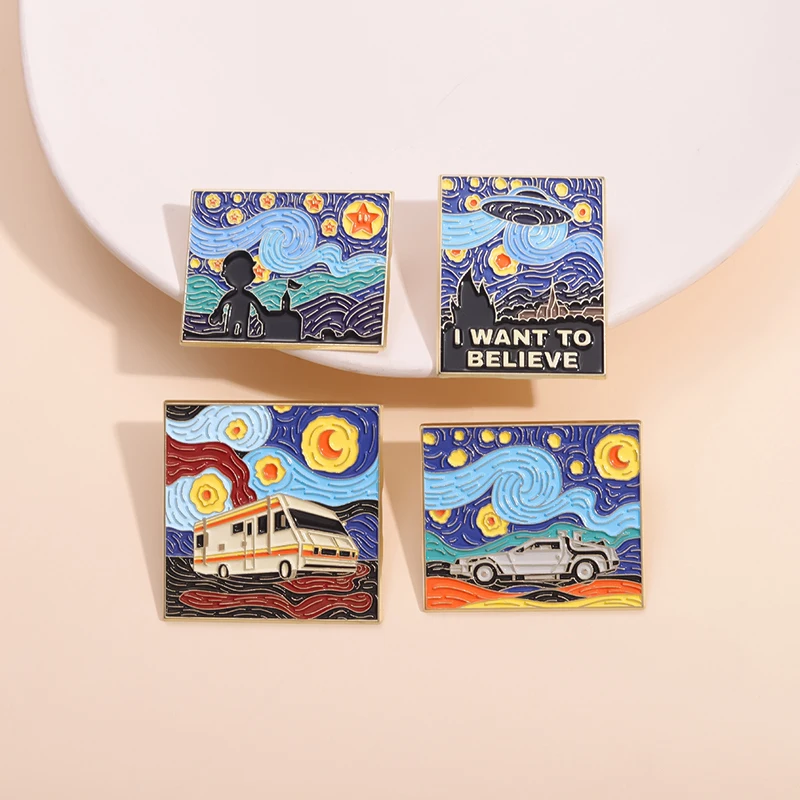 

Night Sky Oil Painting Enamel Pins Custom I Want To Believe Brooches Lapel Badges Funny Jewelry Gift for Friends