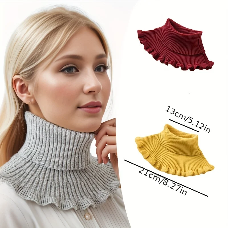 Women Knitted Fake Turtleneck Collar Ruffle Edge Stretch Neck Warmer Winter Sweater Decor Neck Scarf