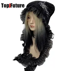 Women Japanese Harajuku Y2K Girls lace fold Hat Gothic flounce cross Winter Warm Knitted hat keep warm Streetwear Beanie Hat