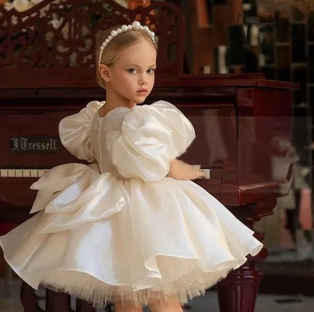 Champagne Satin Flower Girl Dress for Wedding Toddler Kids Puff Sleeves Tulle Ball Gown with Lace Trim Vintage Princess Dress