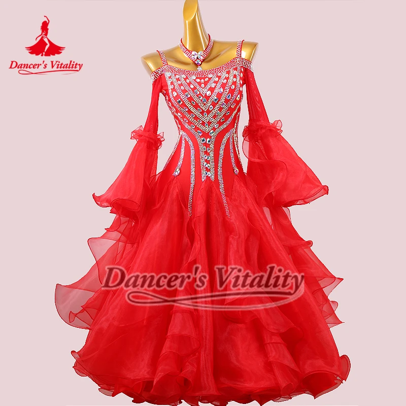 Estilos de remolque, tres colores para elegir, danza Social, lujosos vestidos modernos de competición con piedras AB con collar, personalizados de alta gama