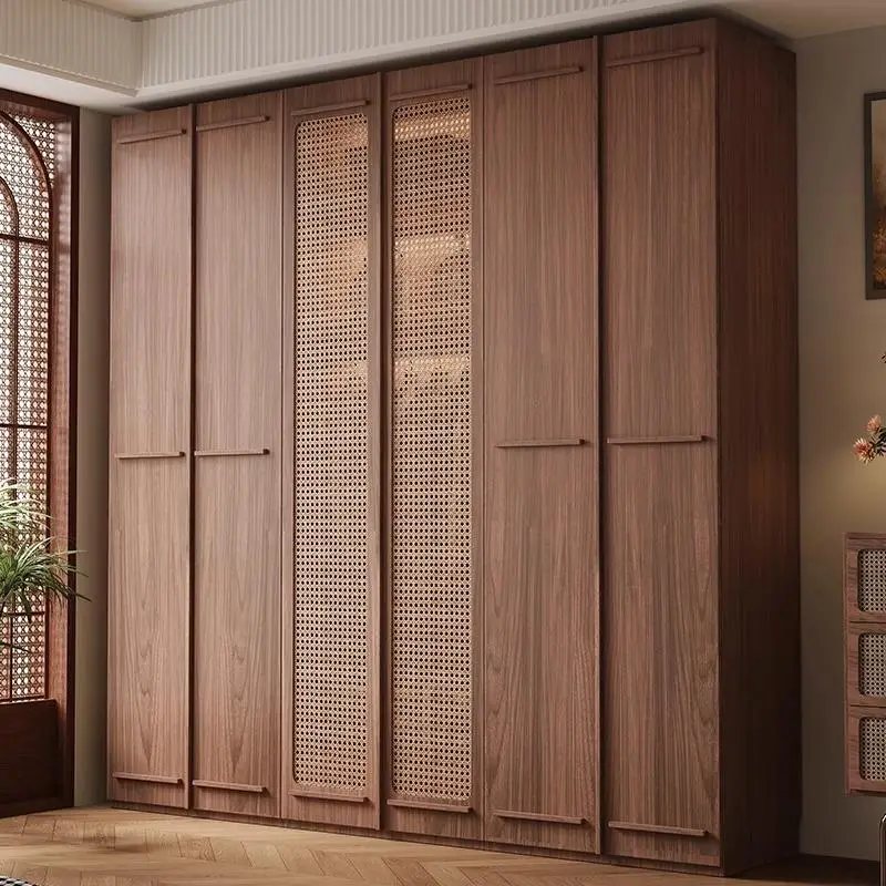 

ENF grade walnut Ozone board solid wood handle rattan door wardrobe bedroom household storage cabinet coat cabinet