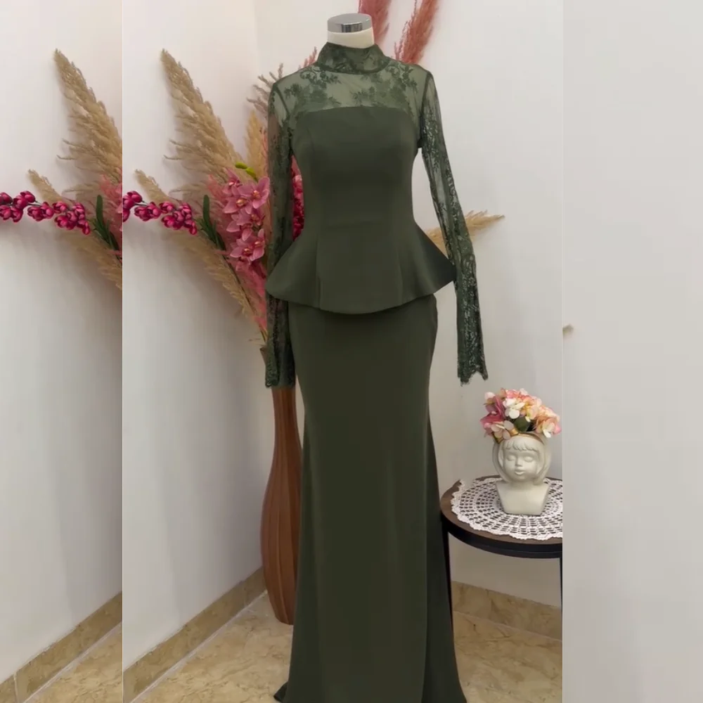 

Customized Classic Jersey Pleat Lace Trumpet High Collar Long Dresses Bespoke Occasion Evening Fashion Exquisite