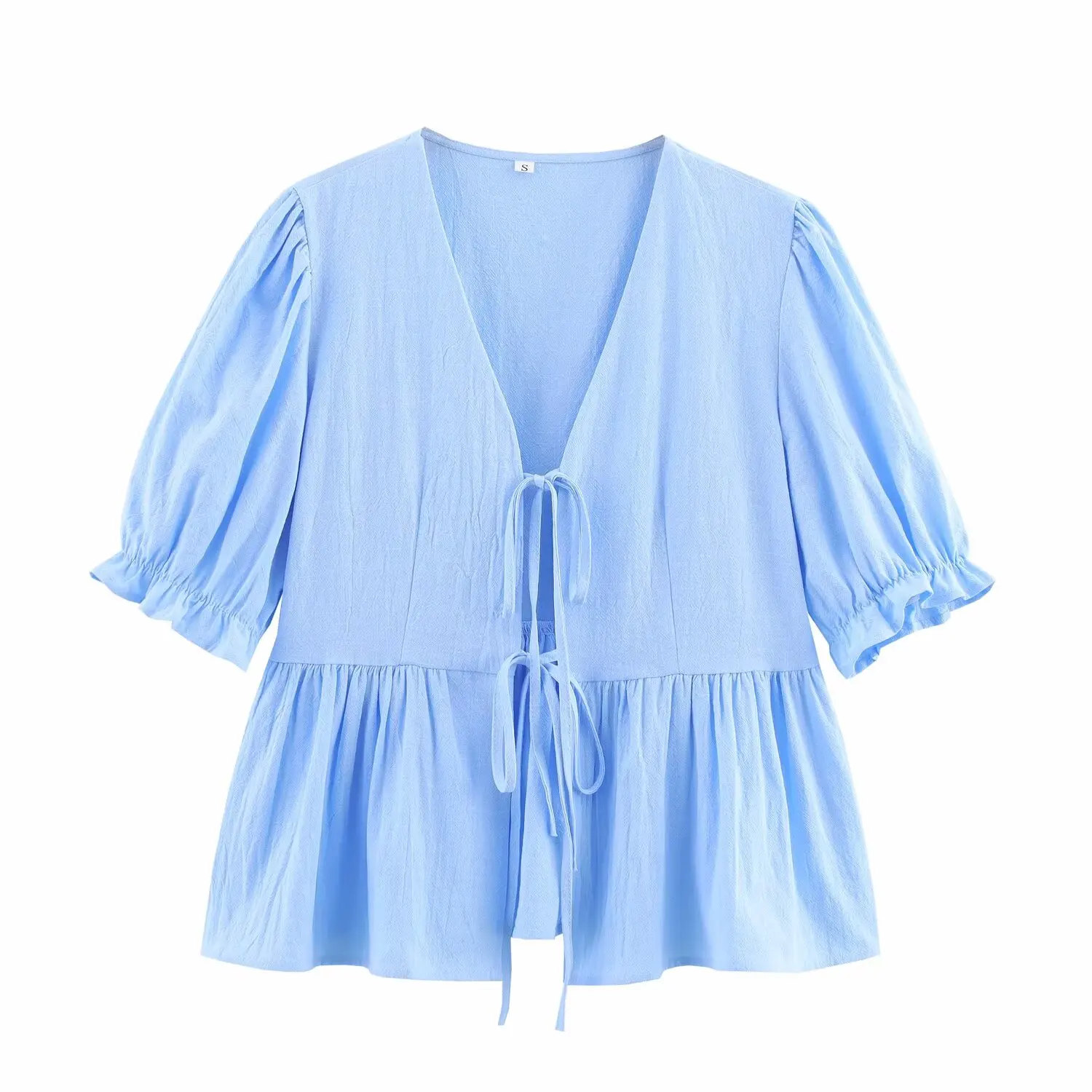

ZBZA Spring New Women's Bubble Sve V-ne Belted Top f Skirt Set Two Colors Casual Loose Fit Polyester ort Sve