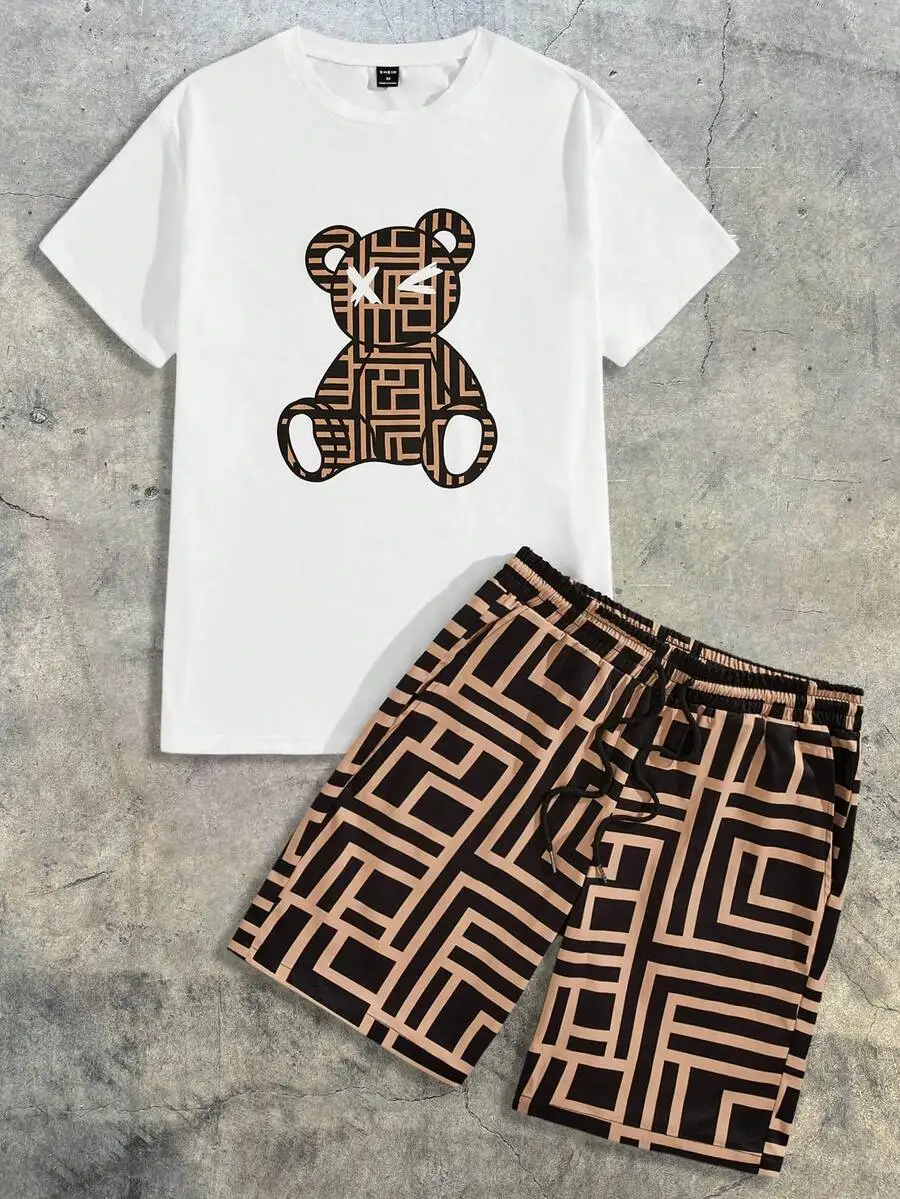 

Мужской комплект из футболки и шорт с геометрическим принтом медведя - летняя повседневная уличная одежда