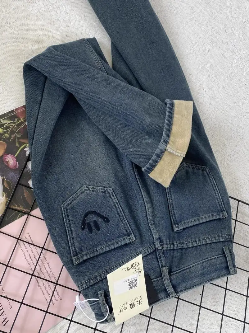 

High Waist Straight Leg Fleece Lined Thickened Loose Slimming Embroidery Narrow Version Wide Leg Jeans for Women
