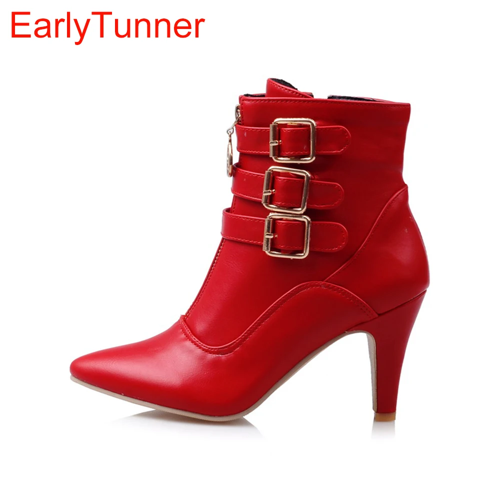 Brand New Hot Sales Women Nude Ankle Boots Red Black Buckle Ladies Riding Spike Shoes High Heels EMB08 Plus Big size 32 45 11