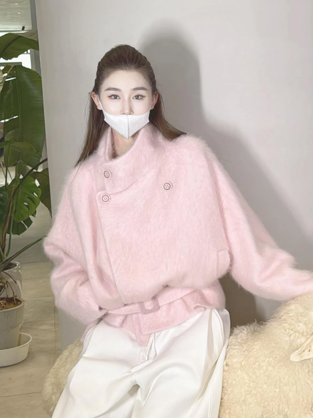 

Pink Lady's Woolen Coat ort Thiened High Waist Design Winter Faion Ele Sle Commute Polyester Fiber Long Sve