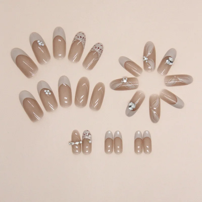 24pcs Oval Sweet Diamond Medium Long Tips for Nails Wedding Bride Press on Nails with Tools Korean Decorated Fingernails Fake