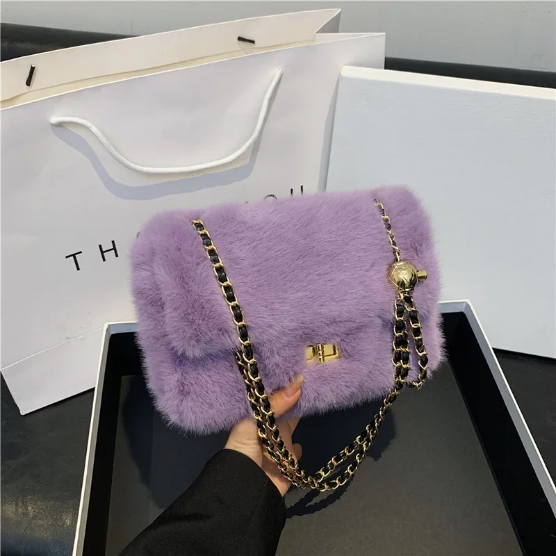 

lock hair bag, foreign style plush shoulder messenger bag, autumn and winter new small square bag, versatile chain hair bag