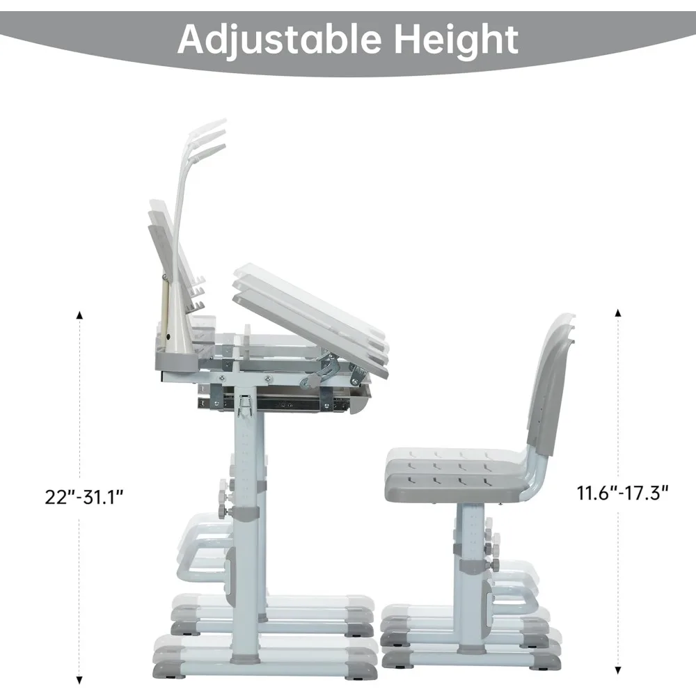 Escritorio y silla de altura ajustable para niños, mesa resistente para estudiantes de escuela, color gris