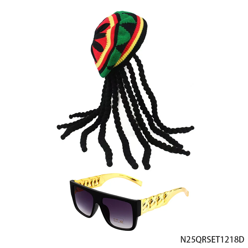 PESENAR 90s Retro Rastafarian Disco Set - Knit Hat with Braids, Gold Square Sunglasses