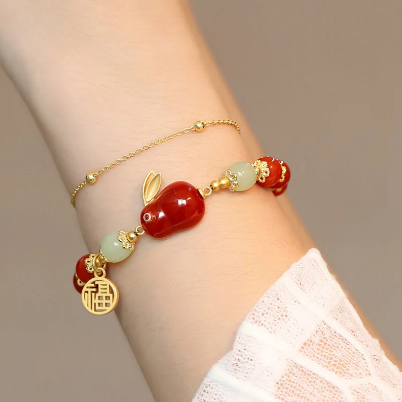 Southern Red tourmaline cute rabbit bracelet for women Natural Hotan Jade Exquisite double bead chain design bangles jewelry image 6