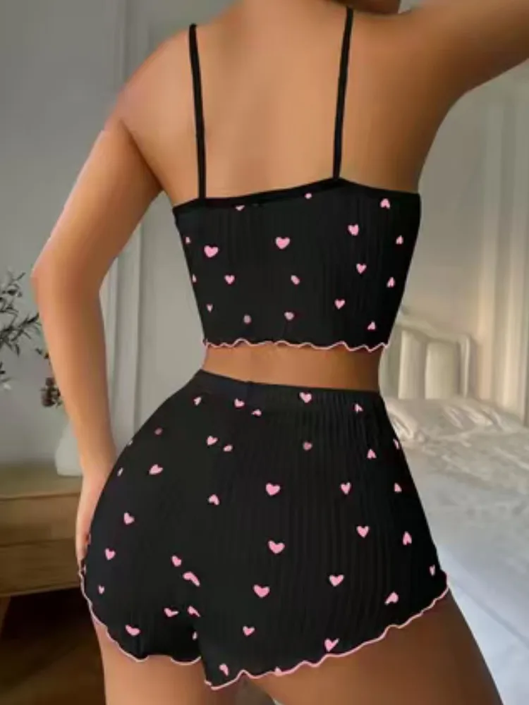 طقم بيجامة نسائي مثير، قطعة علوية وسروال قصير مطبوع عليه قلب الحب، ملابس نوم من القماش المحبوك لجميع المواسم، ملابس للاستلقاء #2