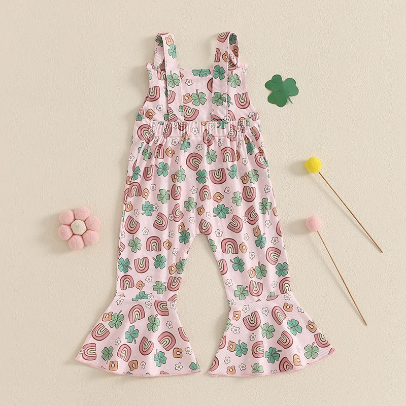 Kids Girls Overalls Rainbow Shamrock Print Spring Flare Pants Clothes for Irish Holiday