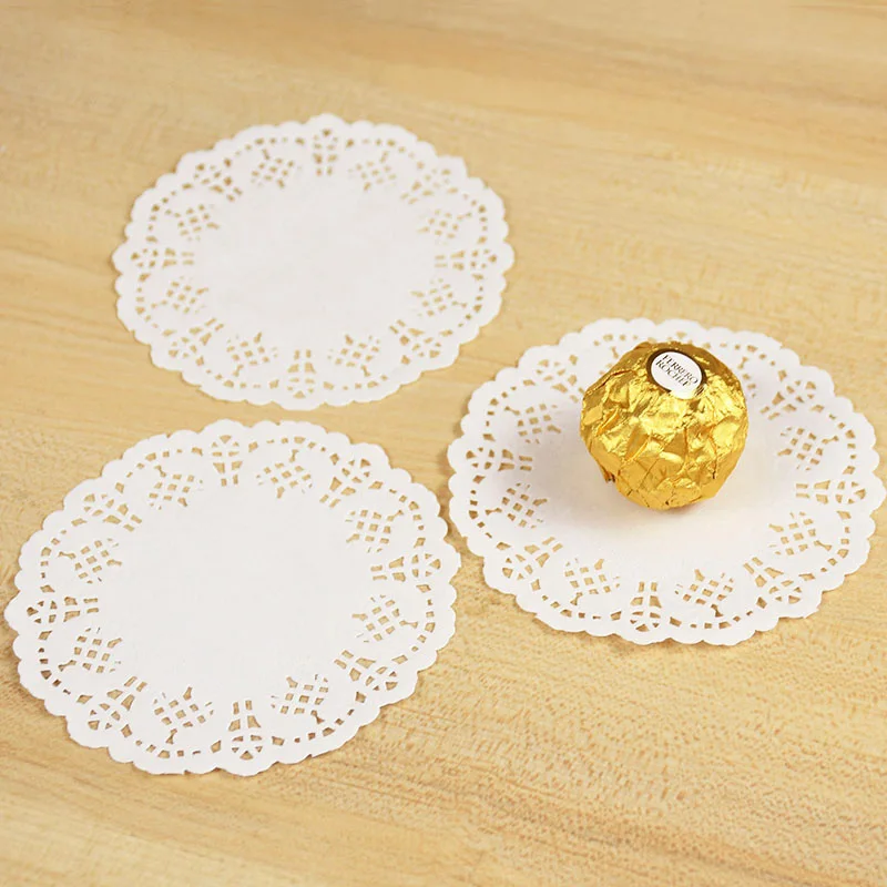 100pcs White Round Lace Doilies Paper Coaster Placemat Cake Mat DIY Craft Gift Packaging Wedding Birthday Party Table Decoration