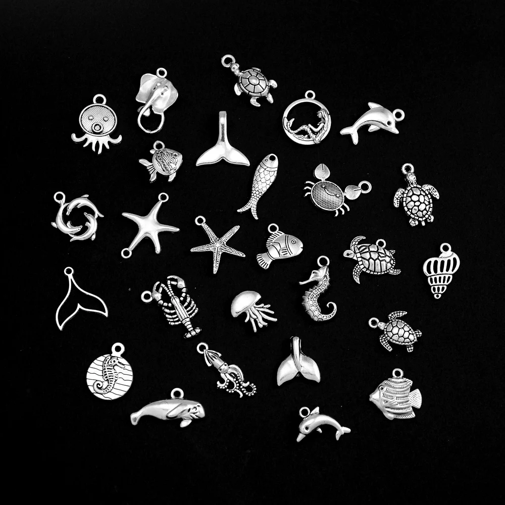 30pcs 27 Style Whale Mermaid Tail Hippocampus Starfish Turtle Charms Ocean Marine Pendants For DIY Jewelry Making Accessories