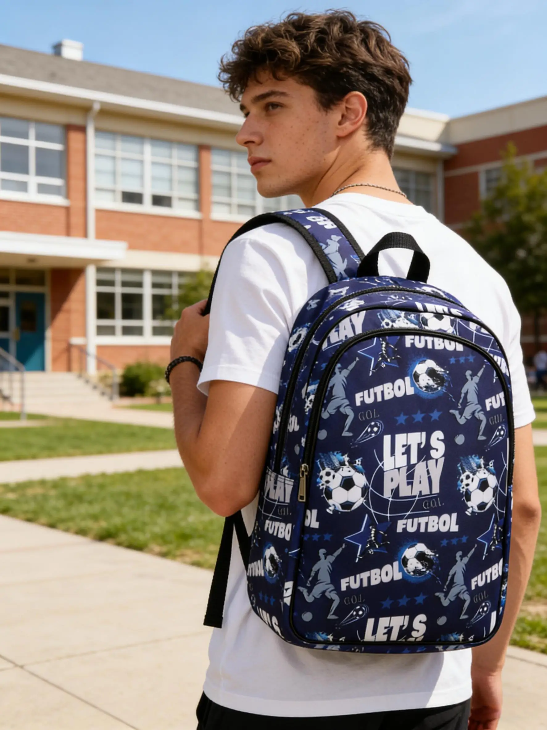 Conjunto de mochila con diseño de fútbol, gran capacidad, estilo deportivo, artículos esenciales para el regreso a clases, incluye lonchera y estuche para lápices
