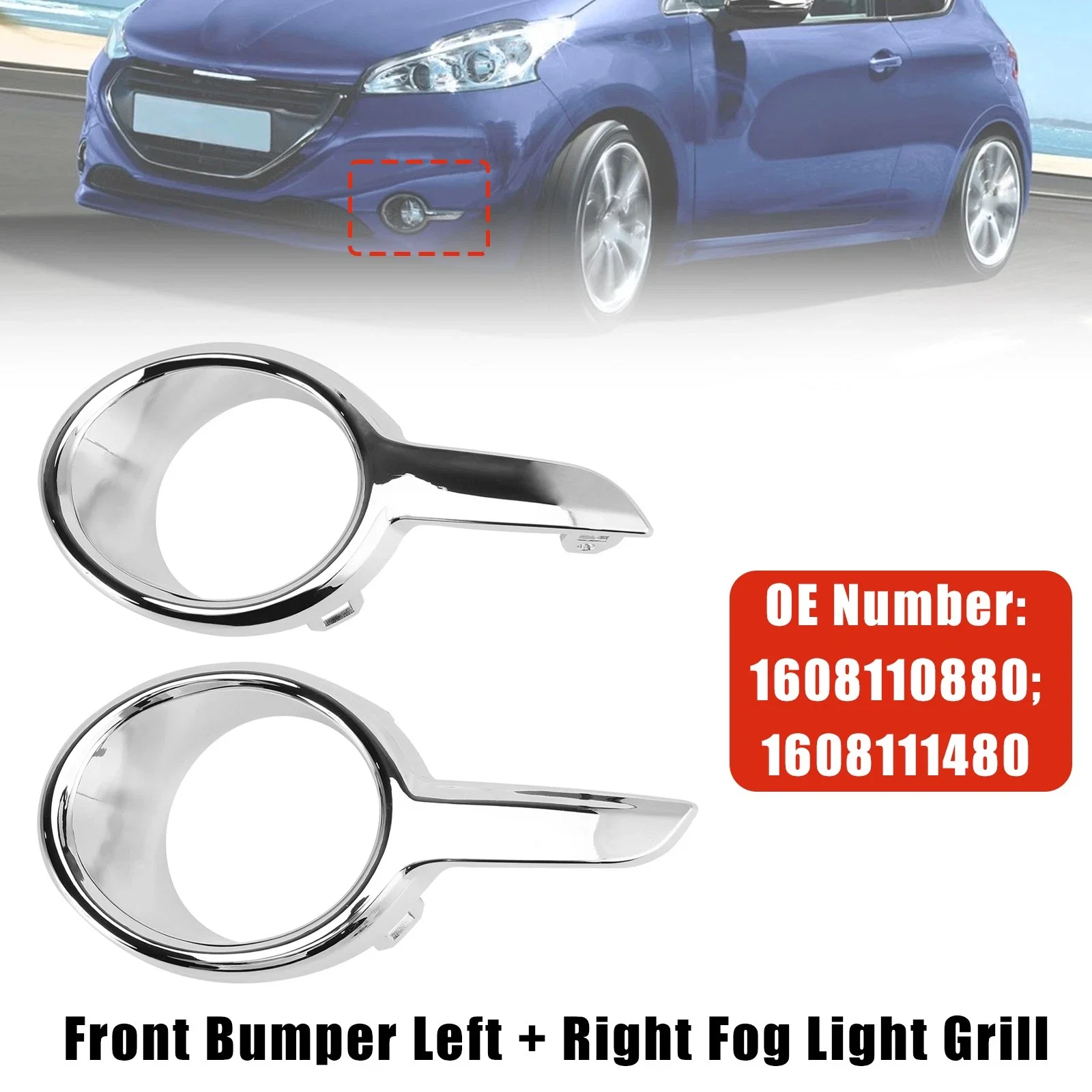 For Peugeot 208 04/2012-07/2015 16081114801608110880 1 Pair Silver Car Front Bumper Fog Light Lamp Lower Grille Grill Cover