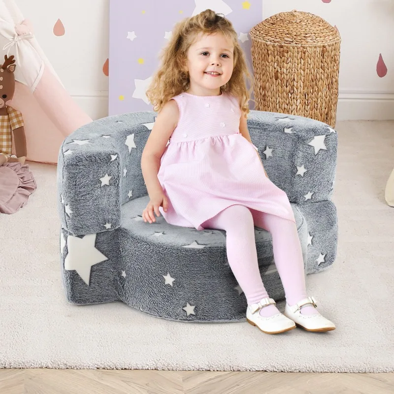 Canapé convertible deux-en-un 70x55x40 cm en tissu flanelle doux à motifs étoiles lumineuses, structure ergonomique, housse amovible et lavable, sans montage, pour espace de vie familial, salle de lecture et studio, chaises