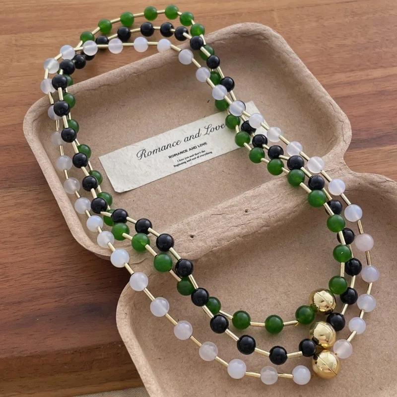 

Minar Chinese Style White Green Black Natural Stone Beaded Necklace for Women Real Gold Plated Copper Alloy Chain Strand Choker