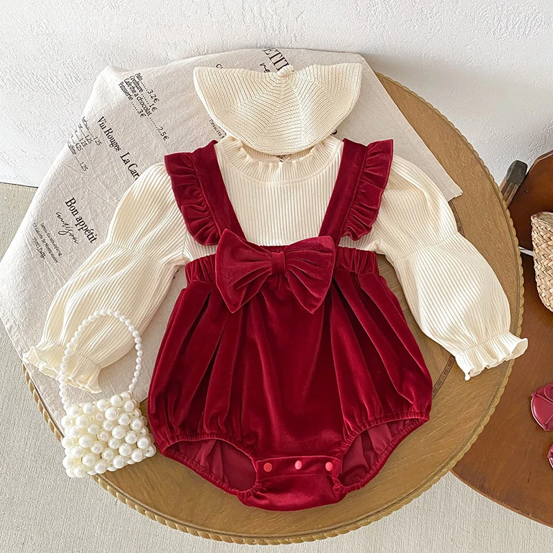 2025 New Autumn 0-24M Baby Clothing Christmas Infant Baby Girls Jumpsuit Long Sleeved Cotton Splicing Korean Style Climbing Suit
