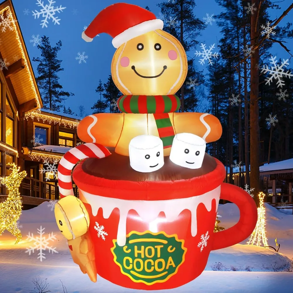 

Christmas Gingerbread Man Inflatable, Hot Cocoa Cup Cute Giant Xmas Blowups with Built-in LED Lights, Christmas Inflatable