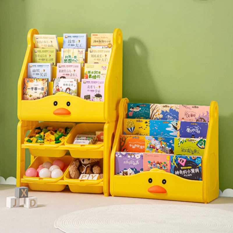 Estante infantil em forma de pato amarelo de 4 camadas, quarto infantil, prateleira de armazenamento de plástico, prateleira de chão em casa, tudo-em-um