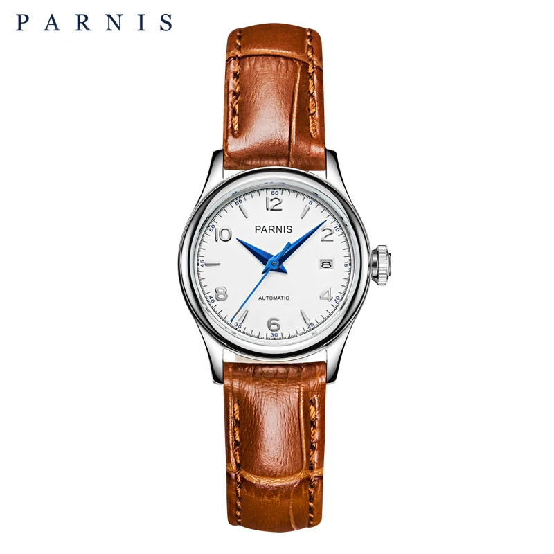 Parnis 26mm White Dial Mechanical Watch Women Sapphire Glass Leather Strap Ladies Calendar Wristwatch for Women Automatic Clock