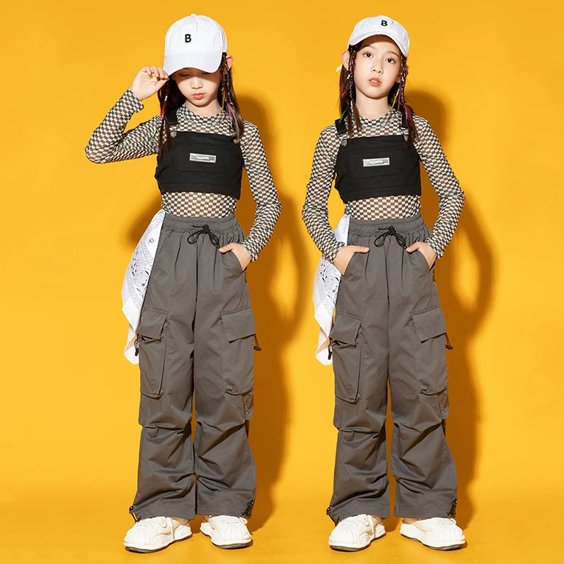 Tops Cargo Pants Tooling Modern Dance Performance Wear 2023 Kids Hip Hop Costume For Girls Kpop Jazz Dance Clothes Plaid